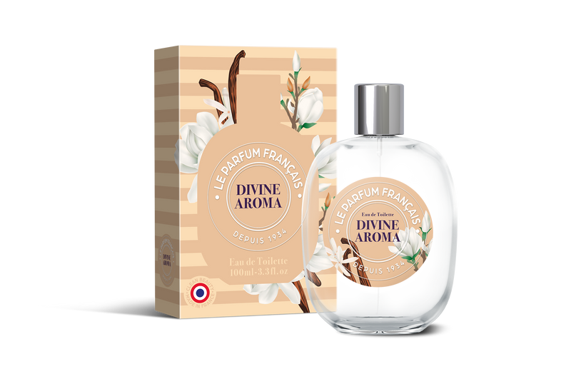A Le Parfum Français Divine Aroma Eau de Toilette 100ml bottle next to its packaging. The clear glass bottle has a label with floral illustrations and text "Petal Perfume," while the box features a matching design and text.