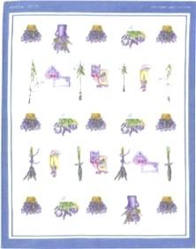 Illustration of various colorful, cartoon-style fantasy plants and trees on a European Tea Towel - Lavender Bath w Blue Border in a grid layout, bordered by a simple blue frame by Mierco.