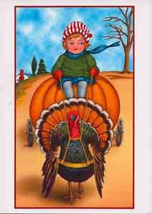 Thanksgiving Greeting Card - Boy Riding Pumpkin - Hampton Court Essential Luxuries