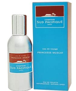 A metallic spray bottle of Comptoir Sud Pacifique Paris Princesse Muscat perfume next to its blue packaging box labeled with Comptoir Sud Pacifique Paris and infused with exotic fragrance.