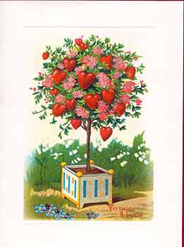 Illustration of a whimsical tree with pink blossoms and red heart-shaped fruit, growing out of a colorful box. The background features green grass and subtle flowers, reminiscent of vintage postcards. This scene is featured on the Valentine's Day Greeting Card - Tree of Hearts Sparkle Card from Greeting Cards brand.