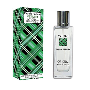 Image of a Le Blanc Vetiver Eau de Parfum bottle next to its packaging. The rectangular bottle has a silver cap, labeled "perfume vetiver, made in France." The green and white.