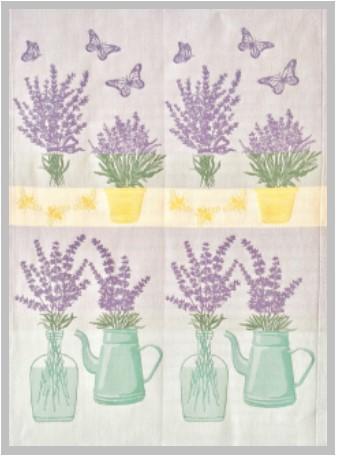 A symmetrical jacquard-woven textile design featuring four illustrations of Lavender, Butterflies & Aqua Bottles in pots, overlaying butterfly motifs on a cream background. The top and bottom images mirror each other.