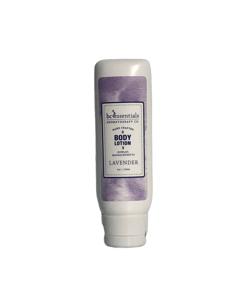 A BC Essentials - Lavender Body Lotion - 4 oz bottle, displayed against a plain white background. The label is white and purple with product details.