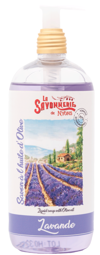 A bottle of La Savonnerie de Nyons Lavender Liquid Soap labeled "lavande" with an illustration of lavender fields and a quaint village in Provence on the label.