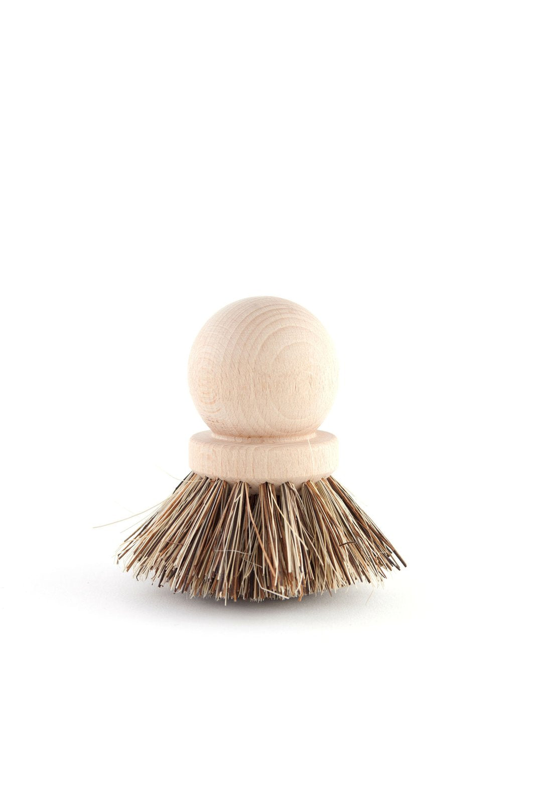 A small, round wooden Andrée Jardin Tradition Saucepan Brush with stiff, natural bristles, isolated on a white background.