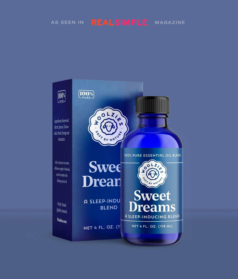 A bottle of "Woolzies Sweet Dreams Blend 4oz." for sleep enhancement and a blue box with the product details, both featuring calming blue tones and a serene sheep logo, as spotlighted.