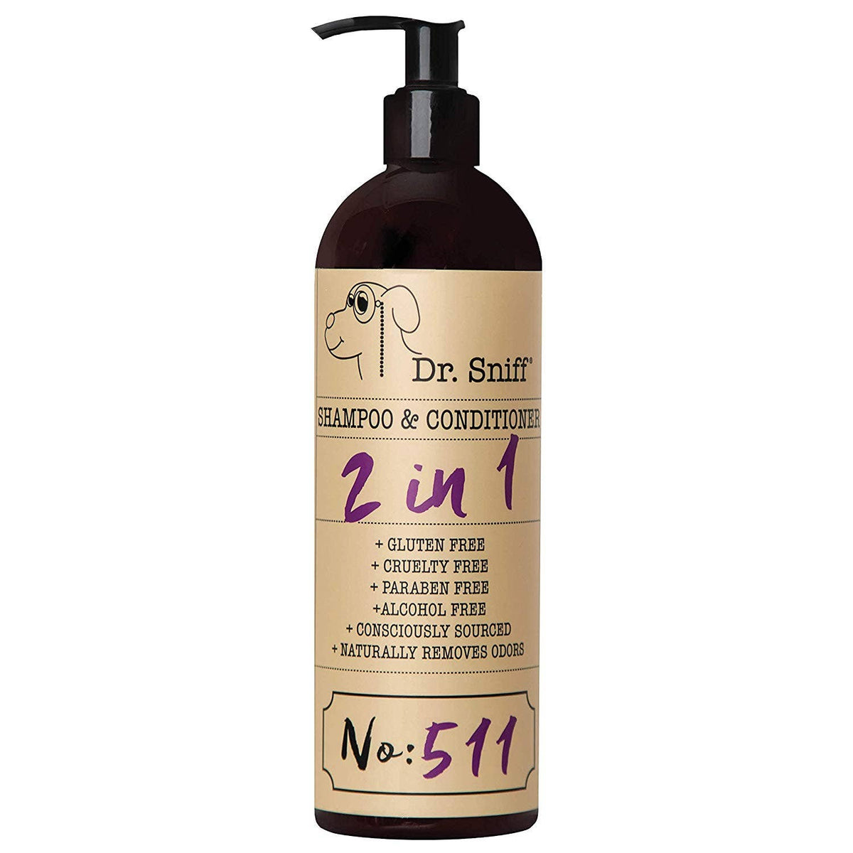 A bottle of Dr. Sniff - Calm Pup 2-in-1 Shampoo and Conditioner with a calming lavender scent and pump dispenser, labeled as gluten-free, cruelty-free, paraben-free, and consciously