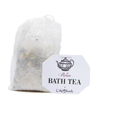 A bag of herbal bath tea labeled "Relax" from the Hampton Courtbat brand. The mesh bag reveals dried contents resembling herbal tea, displayed against a plain white background.