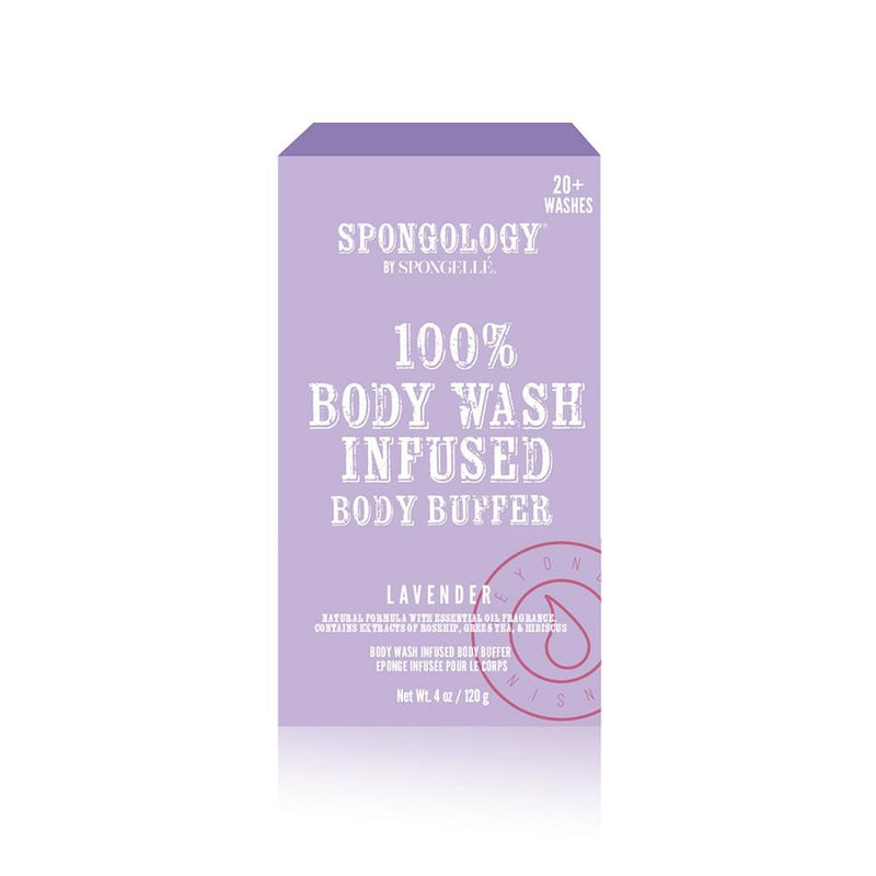 A purple rectangular package of Spongellé - Spongology Body Buffer Lavender, labeled "100% natural all-in-one beauty treatment" with lavender scent, indicating over 20 washes.