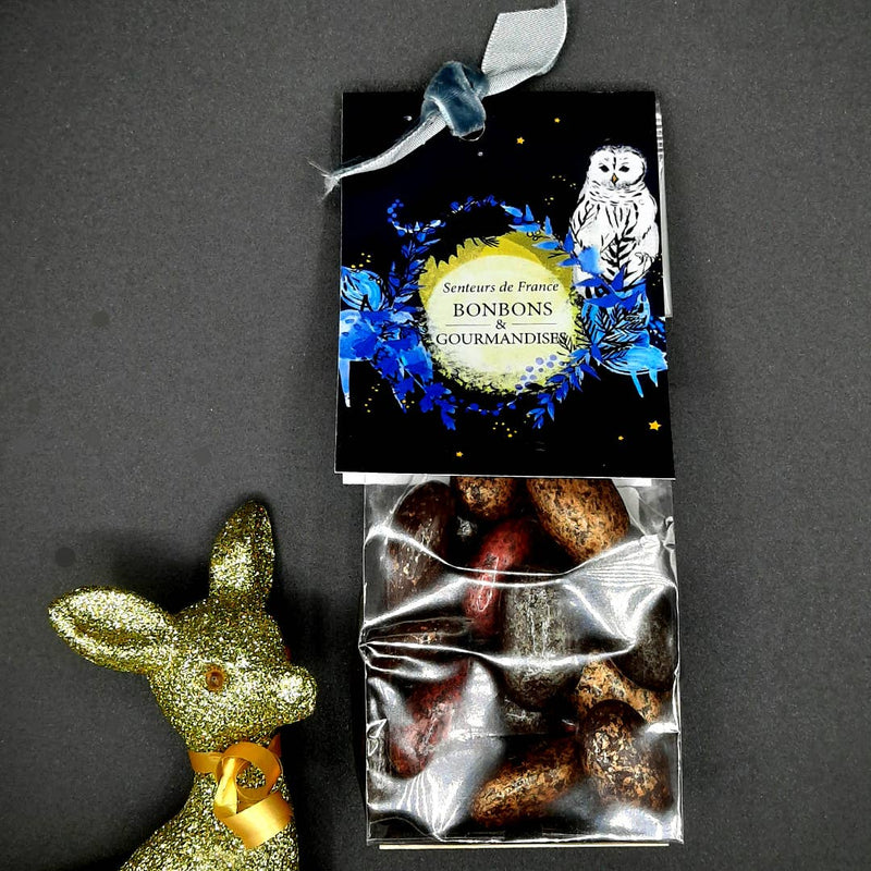 A package of French bonbons labeled "Senteurs De France Holiday Chocolate Almond Confectionery" beside a sparkly golden deer figurine, displayed on a dark background. The candy bag features a blue and gold owl design.