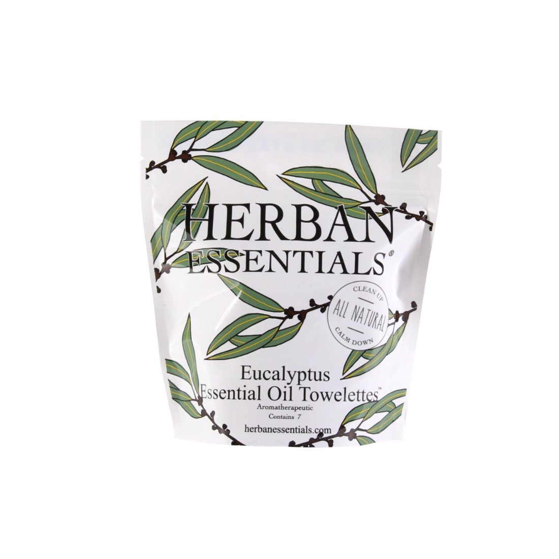 A package of Herban Essentials Essential Oil Towelettes - Eucalyptus Mini-Bags, featuring a botanical design and white background, marked as all-natural and aromatherapeutic.
