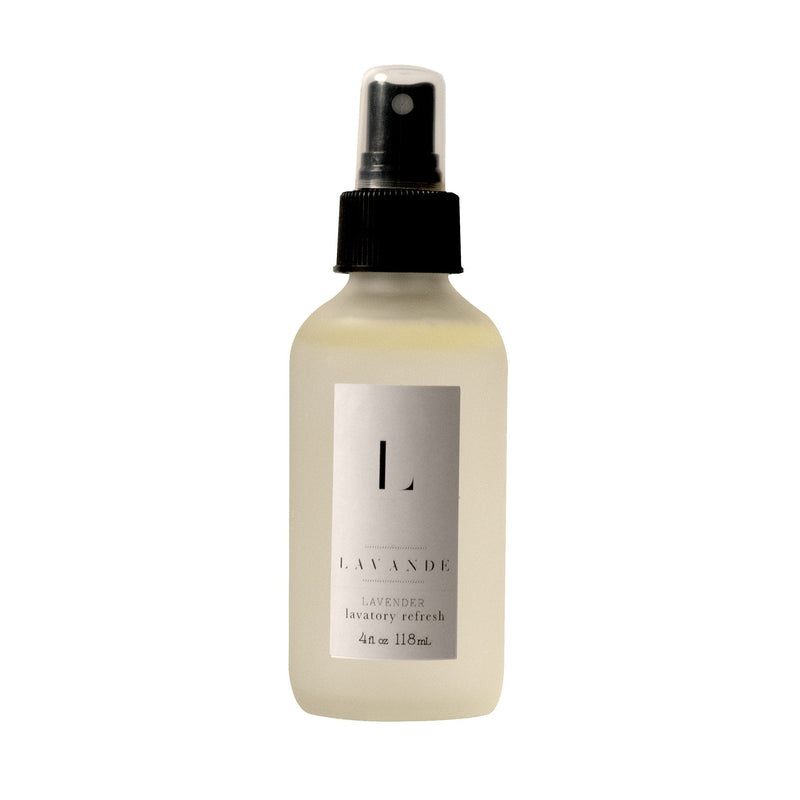 A transparent spray bottle labeled "Lavande - Lavender Room Spray 4oz" by Lavande against a plain white background. The label is clean and minimalist in design.