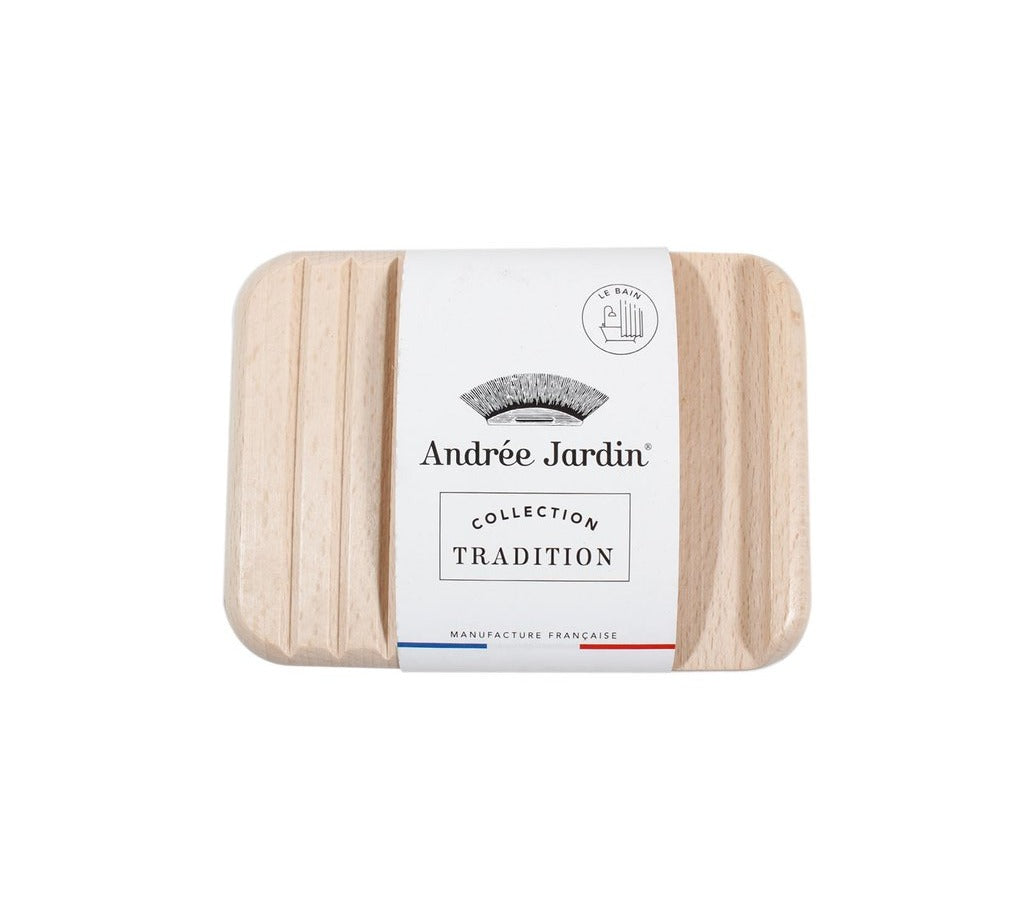 A beech wood soap holder by Andrée Jardin, packaged in a simple design, included in the "Tradition" collection, showcasing French manufacturing label.