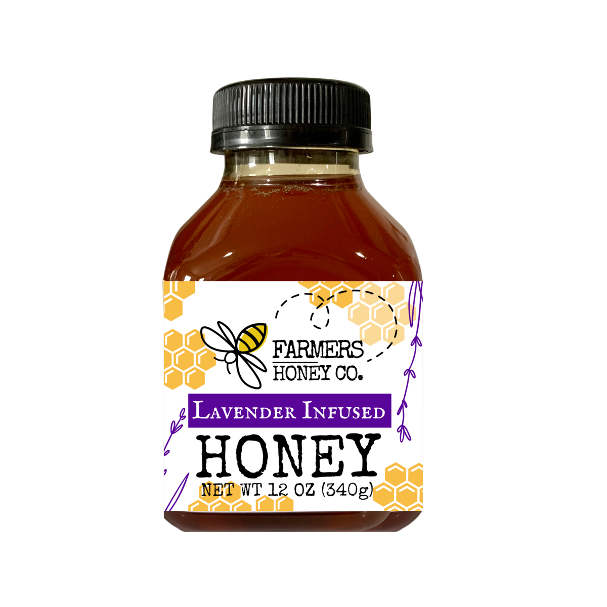 A jar of FARMERS Lavender Co. Lavender Infused Honey labeled "Farmers Honey Co." with illustrations of honeycombs and a bee. The container displays the product weight as 12 oz (340g) and mentions