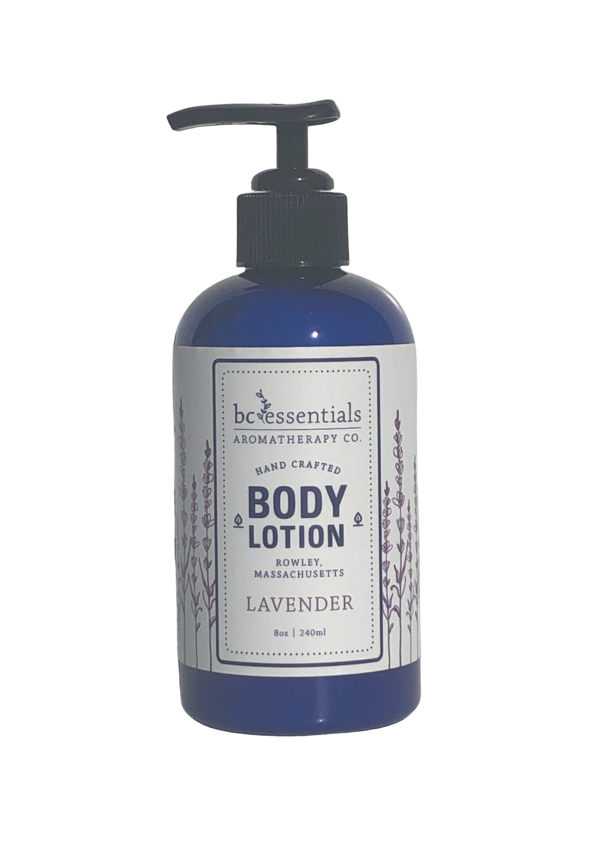 A blue bottle of BC Essentials Lavender Body Lotion - 8 oz with a pump dispenser, labeled as lavender scented with natural ingredients from BC Essentials aromatherapy co., on a white background.