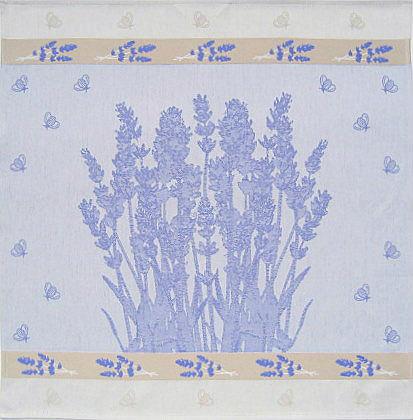 A square textile design featuring a central bouquet of lavender in purple on a pale blue background, bordered by small butterflies in various shades of blue and purple. This Mierco European Tea Towel - Lavender Bees Square is crafted from Jacquard-woven fabric.