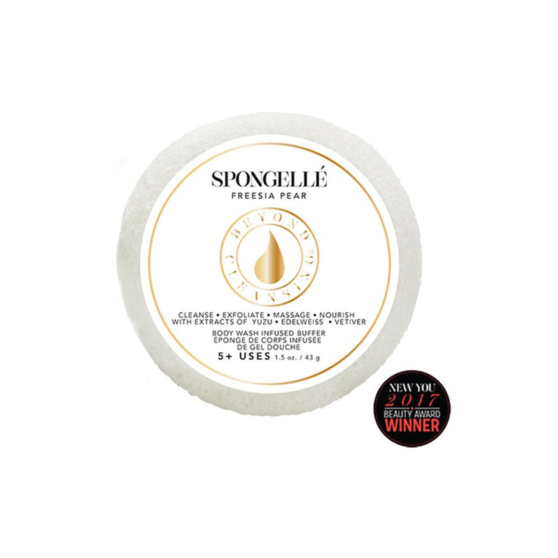 Round Spongellé - Travel Size Spongette Freesia Pear body wash infused buffer, featuring a gold and white label, proclaiming multiple uses and a "new beauty award winner" badge.