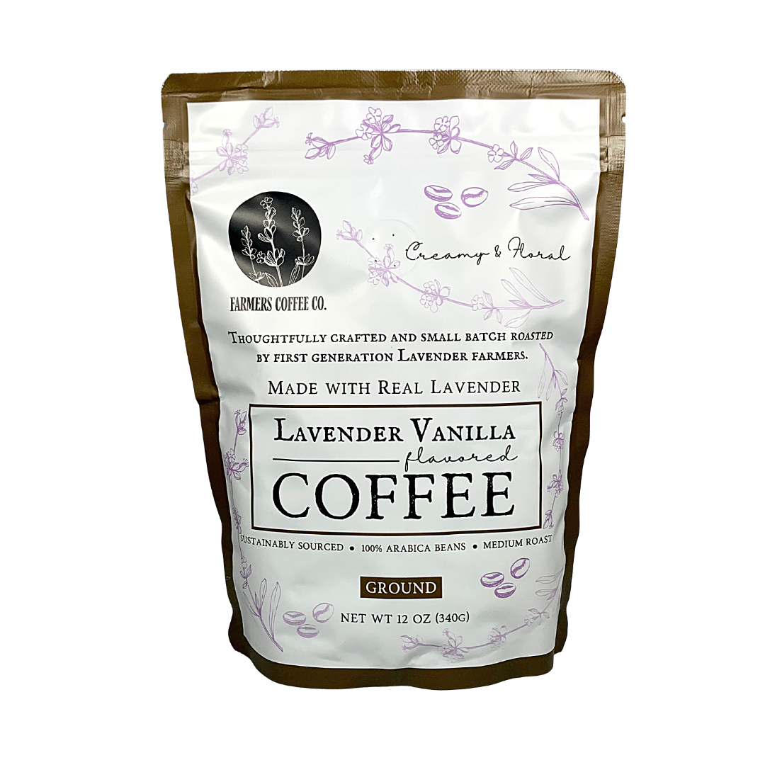 A bag of FARMERS Lavender Co. - Lavender Vanilla Coffee with elegant lavender graphics, and text highlighting its medium roast, sustainably sourced Arabica beans.