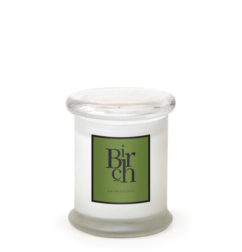 A single Archipelago AB Home Birch Frosted Jar Candle made from a premium soy wax blend in a clear glass Birch Frosted Jar Candle with a birch-scented label from Archipelago Botanicals, placed against a solid white background.