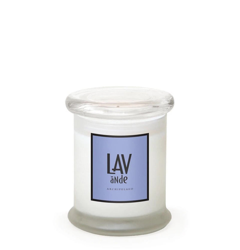 A glass jar candle labeled "Archipelago AB Home Lavender Frosted Jar Candle" by Archipelago Botanicals, with a white opaque soy wax blend candle inside and a closed clear lid, against a plain white background.
