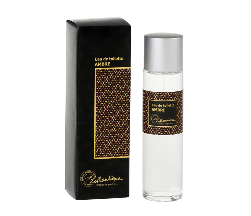 An image of a bottle of "Lothantique The Secrets of Josephine Amber Eau De Toilette" by Lothantique next to its black packaging box, both adorned with a gold and maroon pattern.