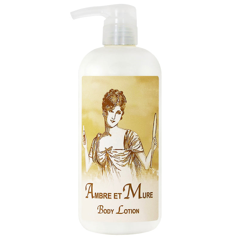 A pump bottle of La Bouquetiere Ambre et Mure Body Lotion featuring a vintage-style illustration of a woman in classical attire holding a mirror and a brush, infused with skin-nourishing French fragrances.
