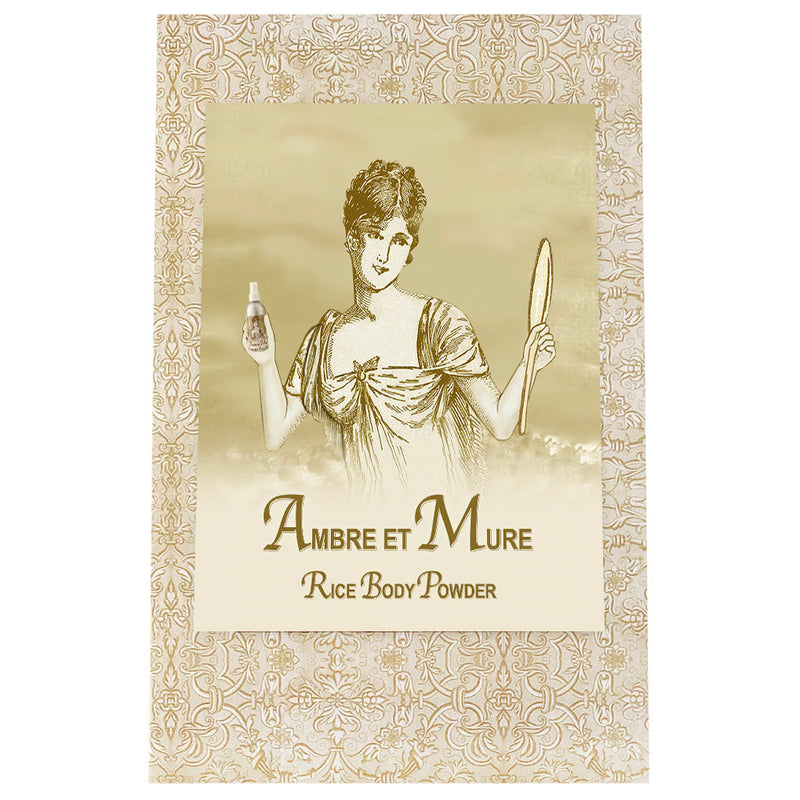 Vintage advertisement featuring an illustrated woman in classical dress holding a La Bouquetiere Ambre et Mure Rice Powder Refill Bag and a hand mirror, with decorative floral border and the words "ambre et mure luxurious fragrance body powder.