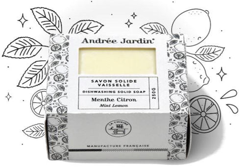A bar of Andrée Jardin Solid Dish Washing Soap Lemon Mint in a minimalist-designed box with illustrations of lemon slices and leaves. The label reads "Menthe Citron," indicating a mint lemon scent.