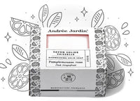 A black-and-white illustrated image of a box of Andrée Jardin Solid Dish Washing Soap Pink Grapefruit, surrounded by decorative floral and leaf patterns.