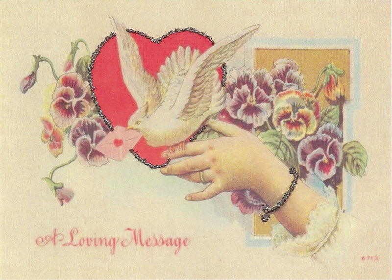 A vintage postcard depicting a hand wearing a bracelet, extending a red heart to a dove carrying a flower, surrounded by lush flowers. Text reads "Valentine's Day Greeting Card - A Loving Message Glitter Card.