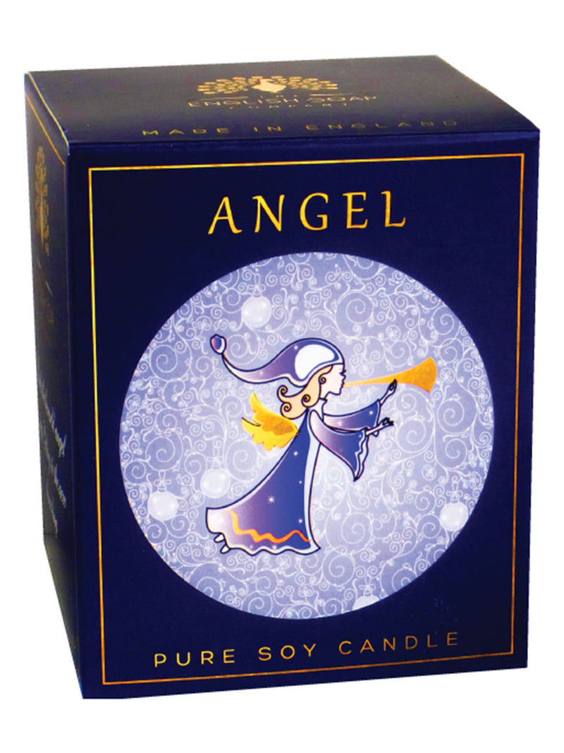A product image of a navy blue box labeled "Le Blanc Made in France Angel Pure Soy Candle" featuring an illustration of a stylized angel blowing a trumpet, with ornate silver and white background patterns.