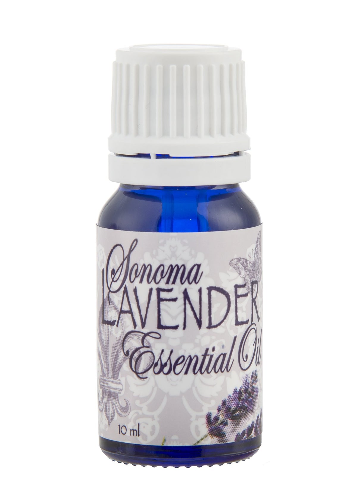 A small bottle of Sonoma Lavender Essential Oil 10ml, labeled clearly for sleep support, with a white cap and a design featuring lavender plants on the label. The container holds 10 ml of oil.