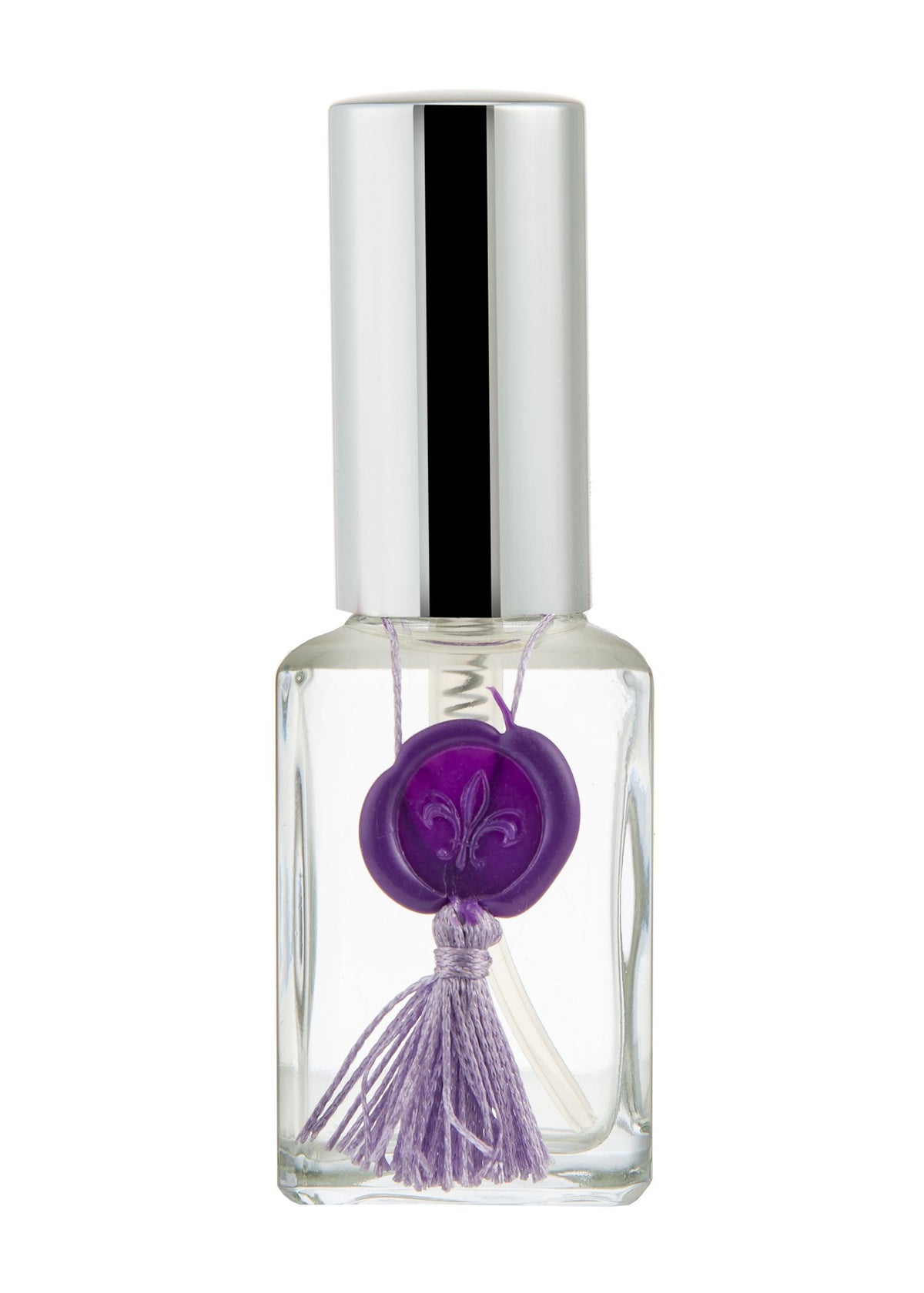 A Sonoma Lavender Essential Oil Spray bottle with a silver cap, adorned with a purple tassel and a matching purple charm with a lavender oil design on a white background.