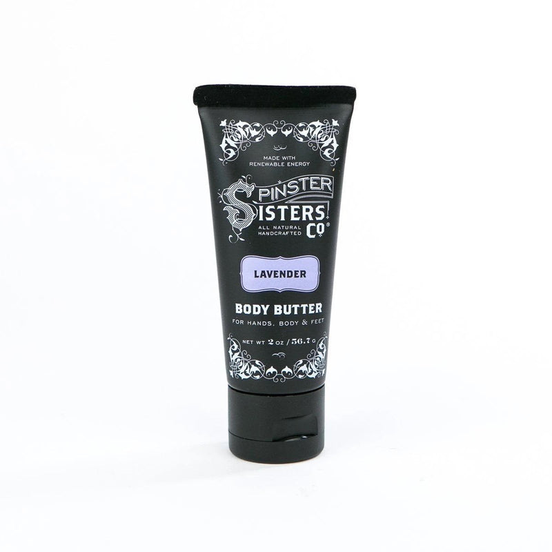 A tube of Spinster Sisters Co. Lavender Body Butter in lavender scent, featuring a detailed black and white label design, set against a plain white background.