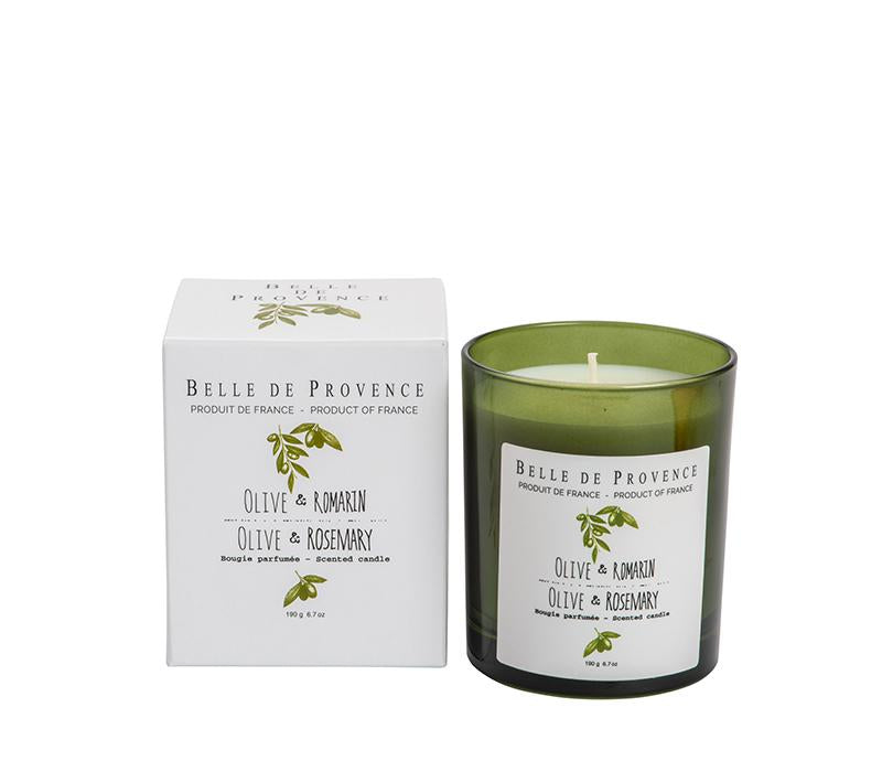 A Lothantique Belle de Provence Olive & Rosemary Scented Candle from the "olive oil collection" next to its packaging box, both items labeled "belle de provence, product of france.