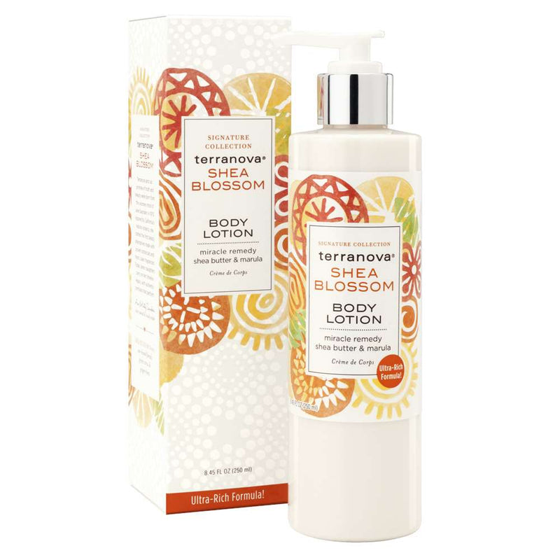 Two containers of Terra Nova Shea Blossom Body Lotion Shea Butter And Marula Oil displayed, one a tube and the other a pump bottle, with vibrant orange and green floral packaging.