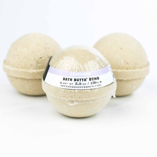 Three Spinster Sisters Bath Butta' Bombs - Lavender enriched with fair-trade shea butter, displayed against a plain white background.
