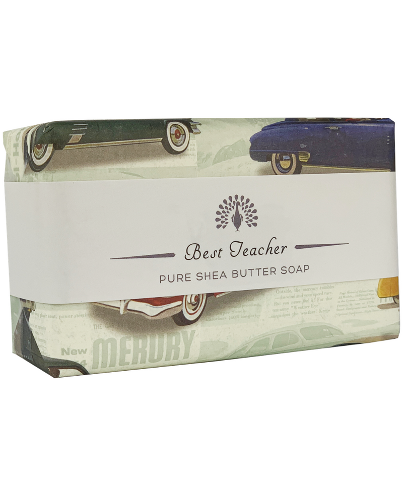 A box of The English Soap Co. Best Teacher Special Occasion moisturising shea butter soap, decorated with vintage car images and a minimalist design with a white band across the center.