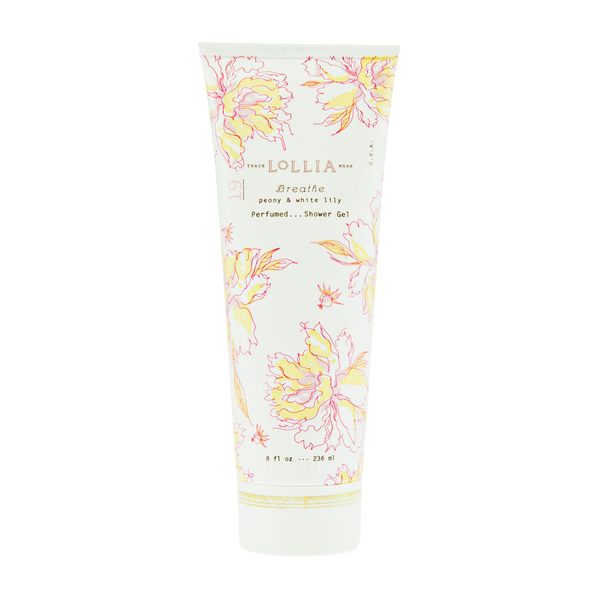A tall cylindrical tube of Margot Elena's Lollia Breathe Perfumed Shower Gel, decorated with soft pink and yellow floral designs. The packaging displays peony, white lily fragrances, and leafy notes.
