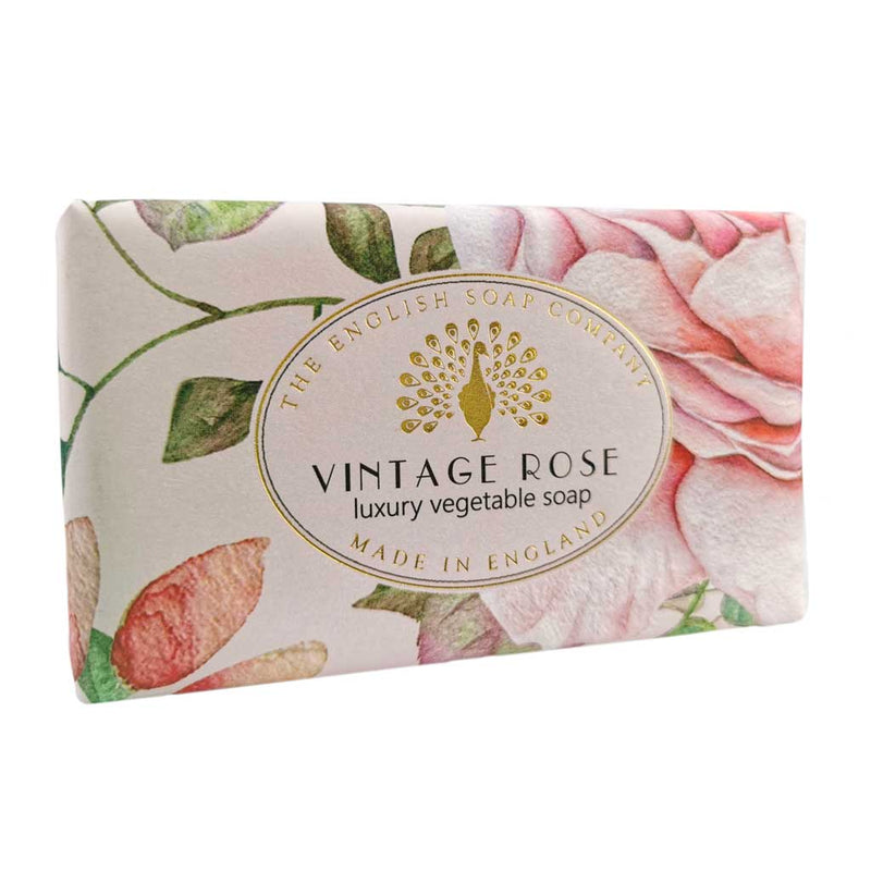 A bar of triple-milled soap from The English Soap Co., labeled "Vintage Rose." The soap is wrapped in packaging with a floral design featuring pink and green colors.