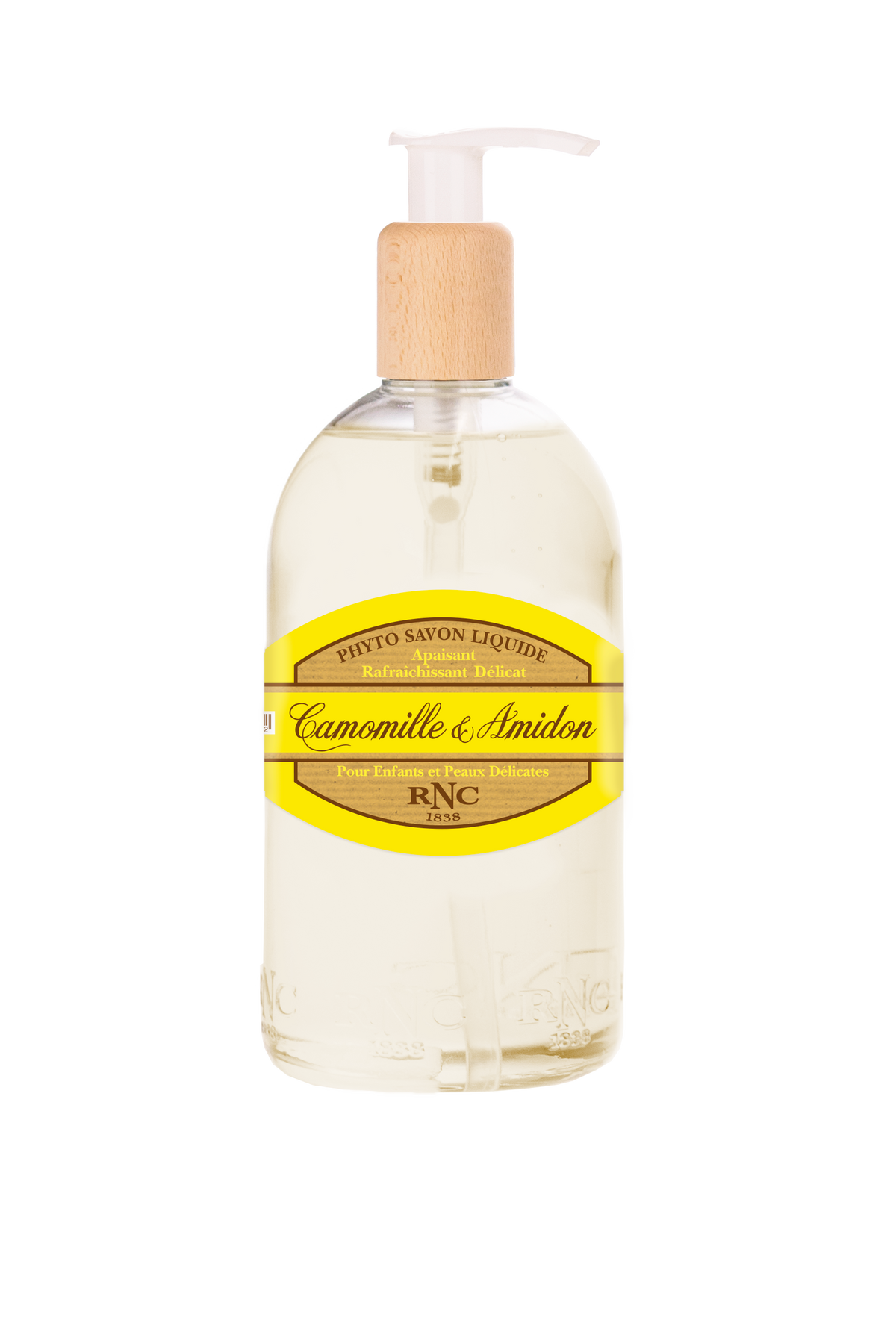 Rancé gentle soap bottle with a pump, labeled "pivto savon liquide" and "camomille & amandon" in French, indicating chamomile and almond ingredients.
