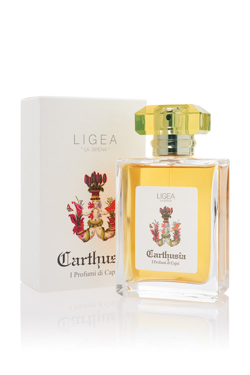 A rectangular glass perfume bottle filled with light amber liquid, labeled "Carthusia Ligea La Sirena Eau de Parfum - 100ml," stands in front of its matching white box. The box features an ornate floral design and the text "Ligea La Sirena." The bottle, crowned with a greenish-yellow cap, contains a feminine sensual nectar from the brand Carthusia I Profumi de Capri.