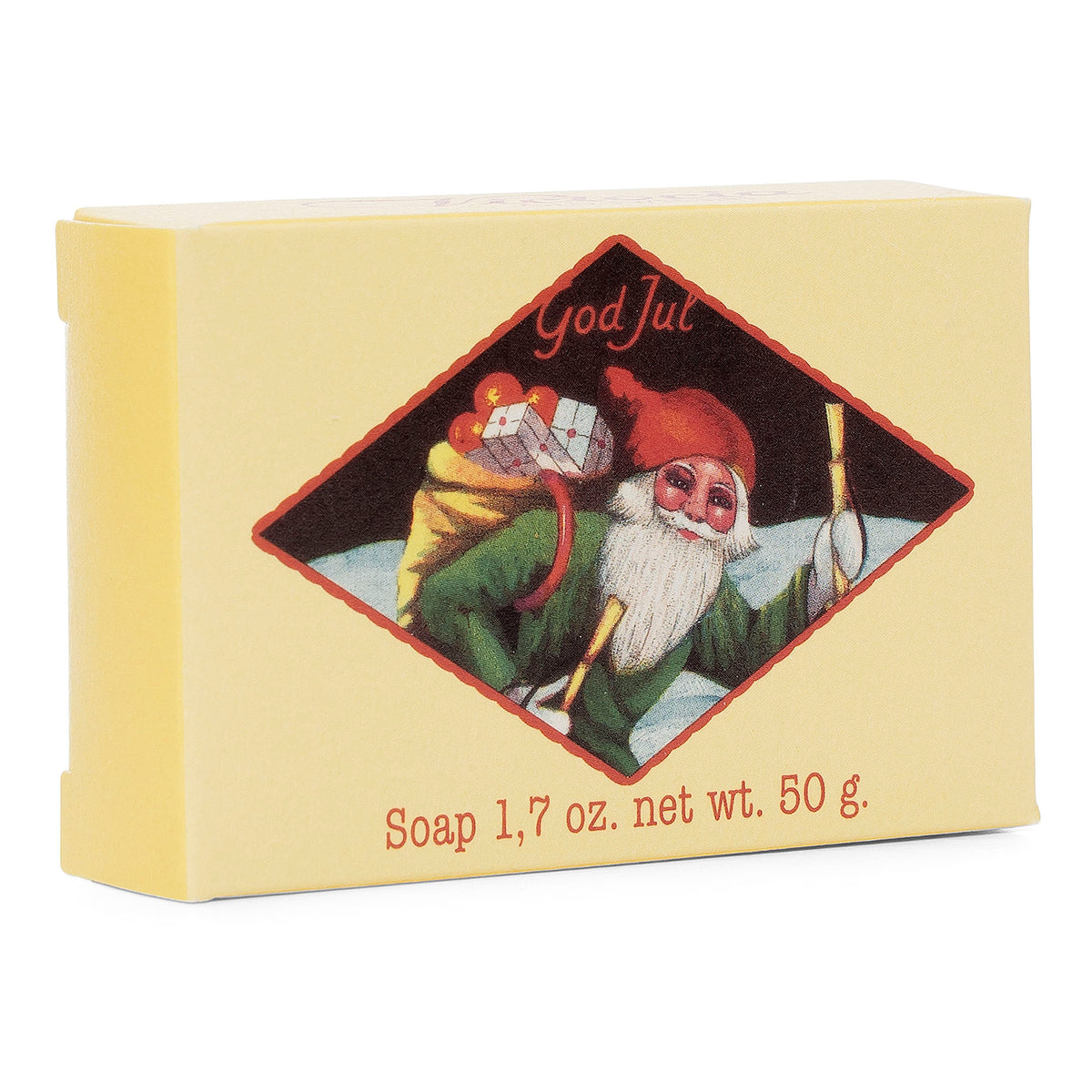 A vintage yellow scented soap box featuring an illustration of Santa Claus with a sack of gifts and a candle, labeled "God Jul" on a diamond-shaped background - Victoria Scandinavian Merry Christmas Soap - Elf with Presents by Victloria Scandinavian Soaps.