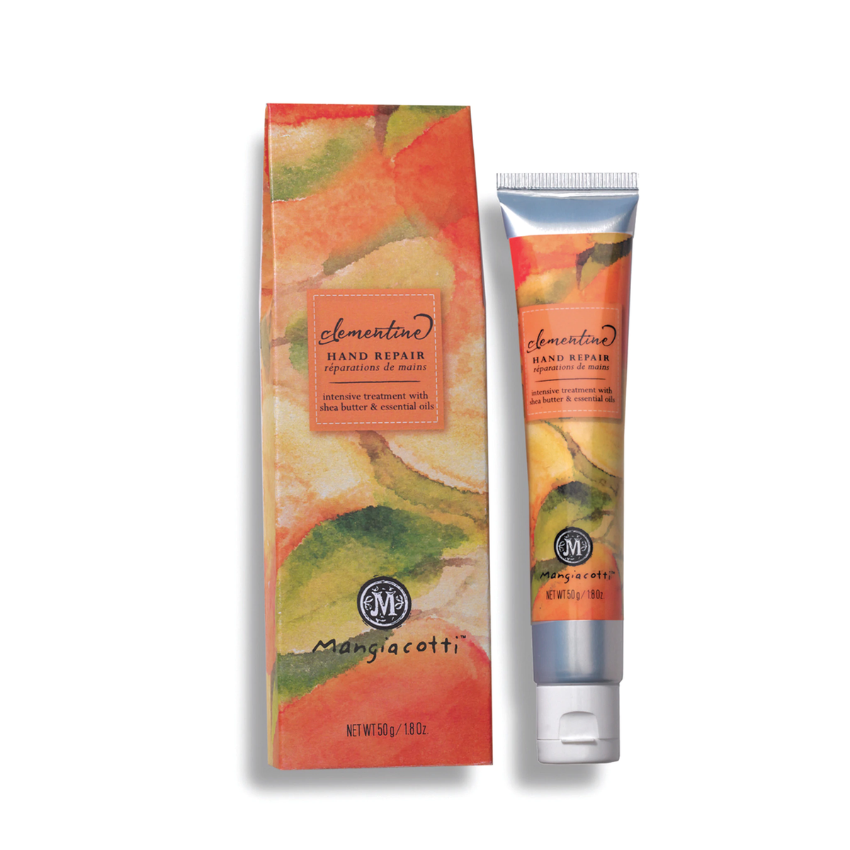 A tube and box of Mangiacotti Clementine Hand Repair displayed against a white background. The packaging, infused with shea butter, features a colorful, abstract watercolor design in shades of red, yellow.