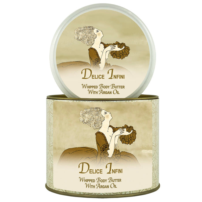 Image of two cylindrical containers of "La Bouquetiere Delice Infini Argan Oil Whipped Body Butter," one open and one closed, featuring a vintage-style illustration of a woman applying the product.
