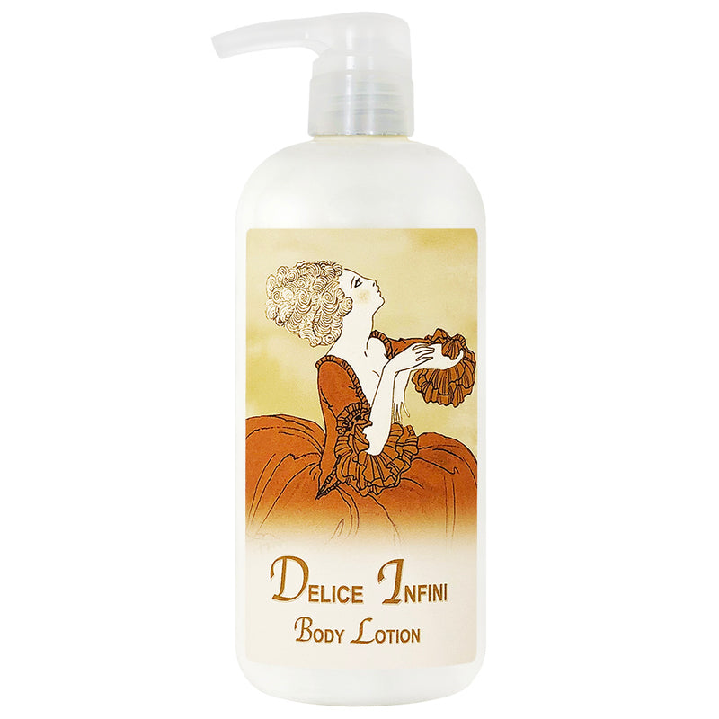 A vintage-style body lotion bottle with an elegant illustration of a woman in a flowing dress holding a fan, labelled "La Bouquetiere Delice Infini Body Lotion.