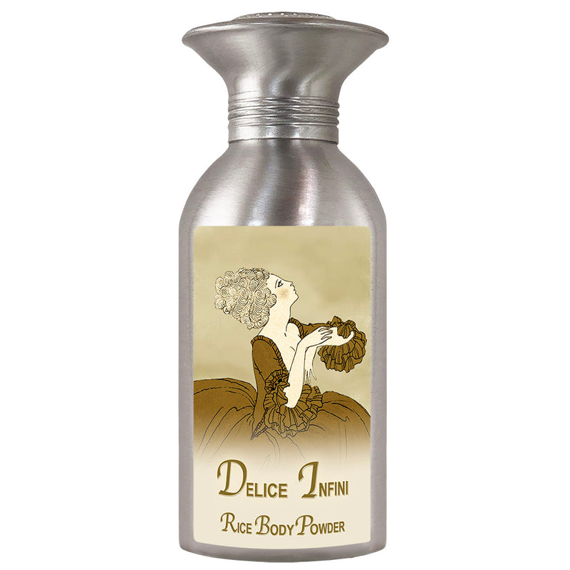 An illustrated vintage container of La Bouquetiere Delice Infini Body Powder with an image of a woman in profile, blowing dandelion seeds, and decorative text "Delice Infini".