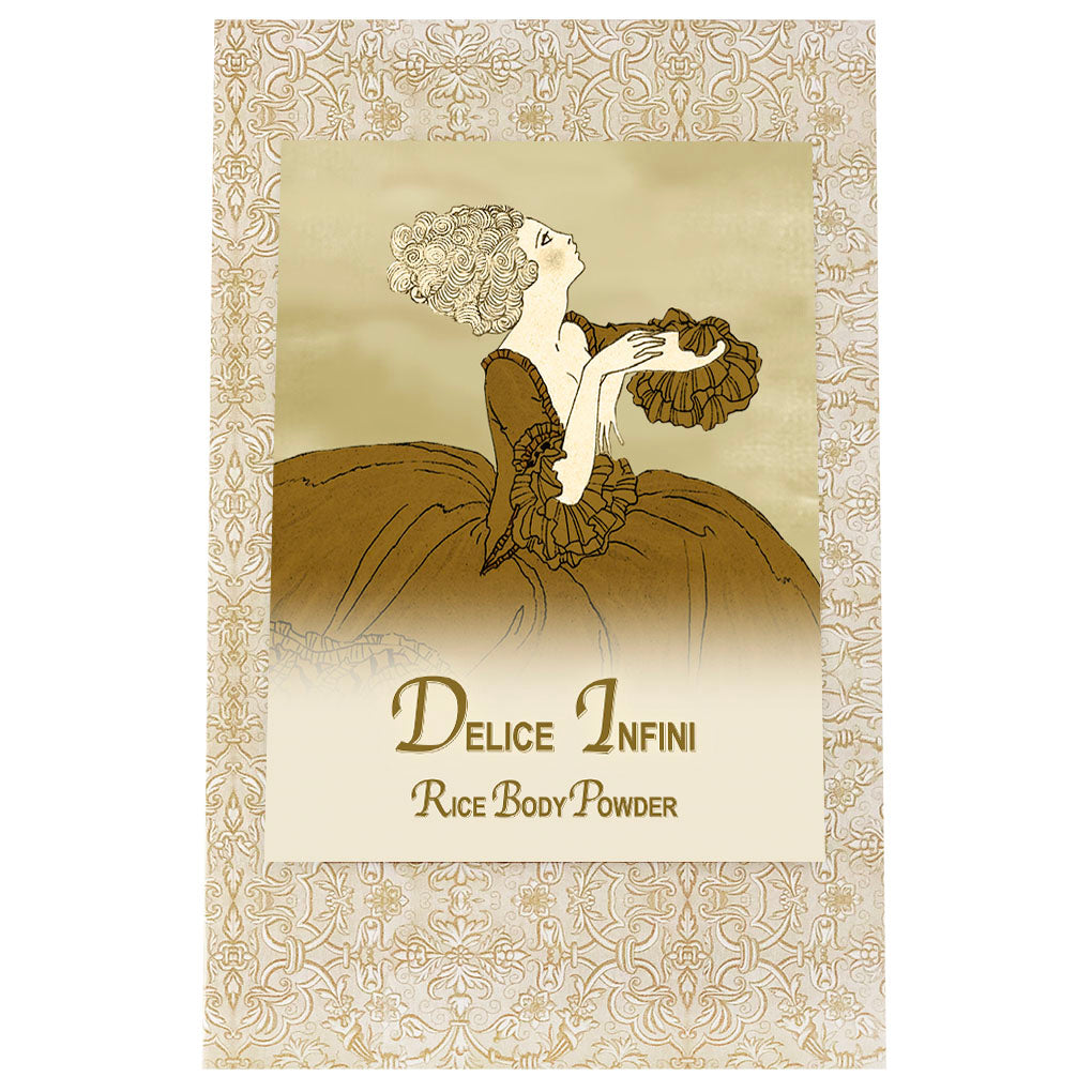 Vintage advertisement featuring an illustrated woman in an elegant dress playing a violin, set against an ornate patterned background with the text "La Bouquetiere Delice Infini talc-free body powder.