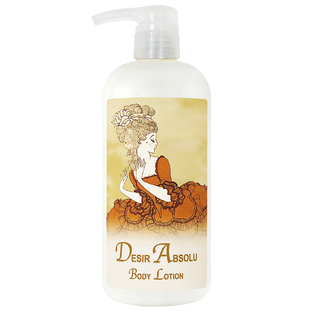 A pump bottle of La Bouquetiere Desir Absolu body lotion, featuring an elegant vintage illustration of a woman in an ornate dress. The background is soft beige.